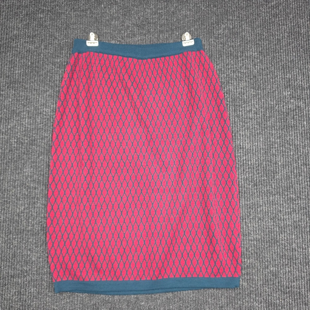 Vintage Evan-Picone Red Teal Diamond Knit Wool Blend Pencil Skirt Large